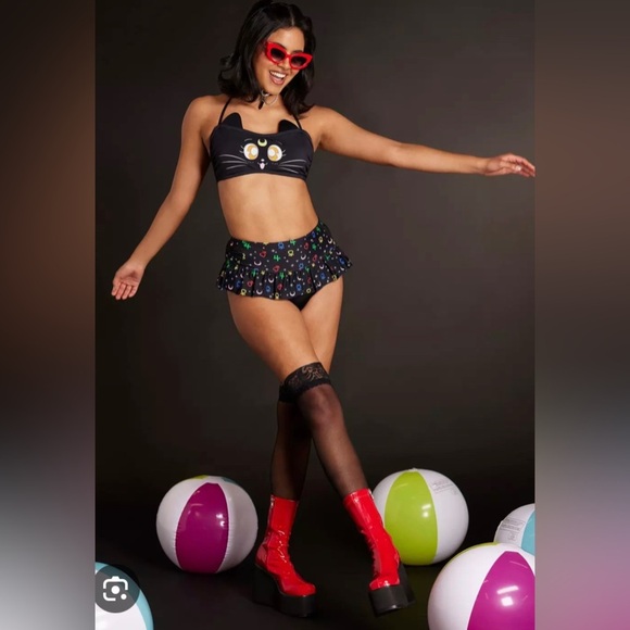 Sailor Moon Luna Symbols Skirted Swim Bottoms hot topic black multicolor XL - Picture 2 of 12